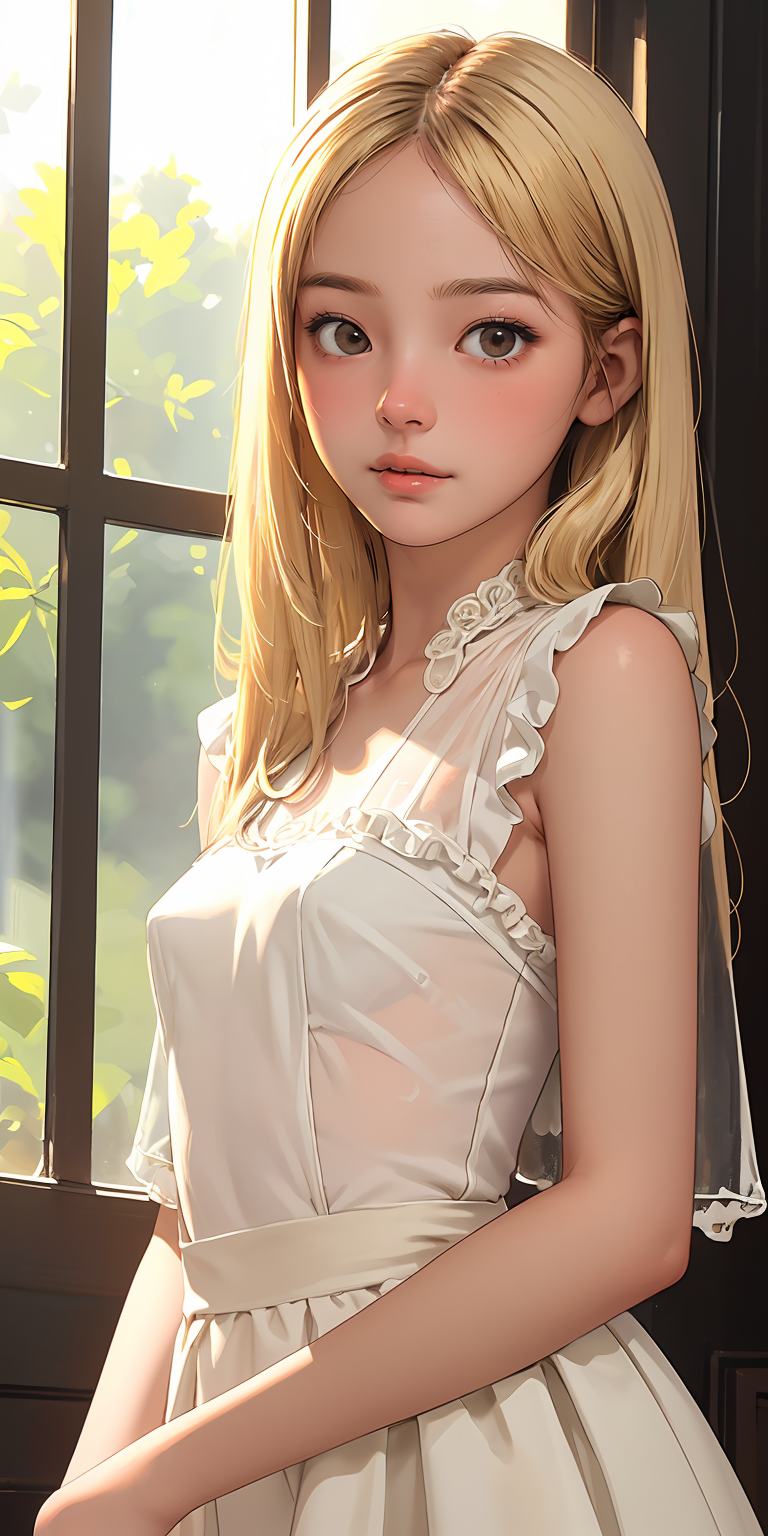 (best quality, masterpiece), 1girl, intricate details, frills, see-through, looking at viewer, sunlight from windows, blus...